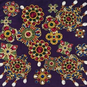 CHANEL Purple Silk Scarf with Jewel Motif in Red, Green & Blue